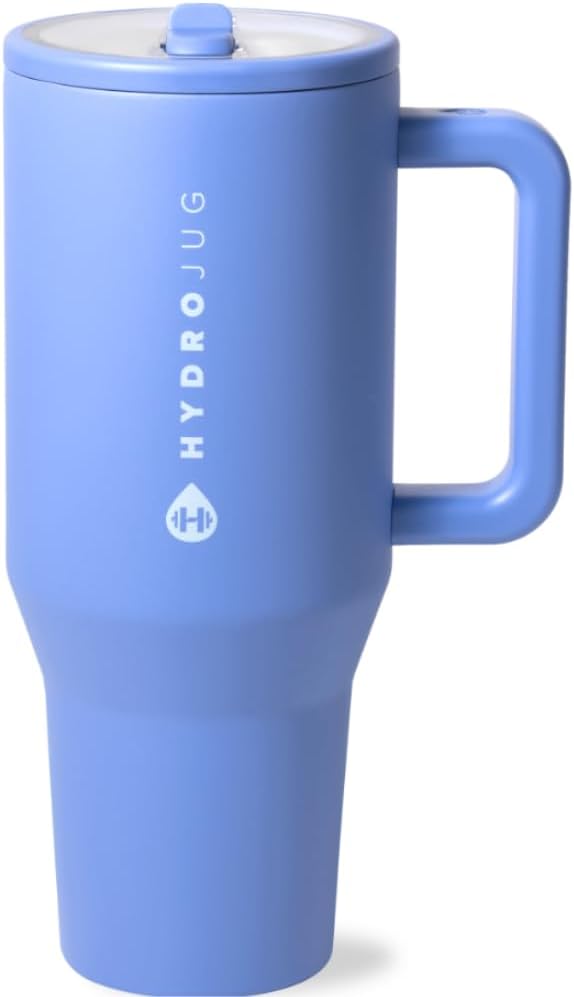 HydroJug Traveler – 40 oz Water Bottle with Handle & Flip Straw – Fits in Cup Holder, Leak Resistant Tumbler-Reusable Insulated Stainless Steel & Rubber Base – Gifts for Women & Men, Light Blue