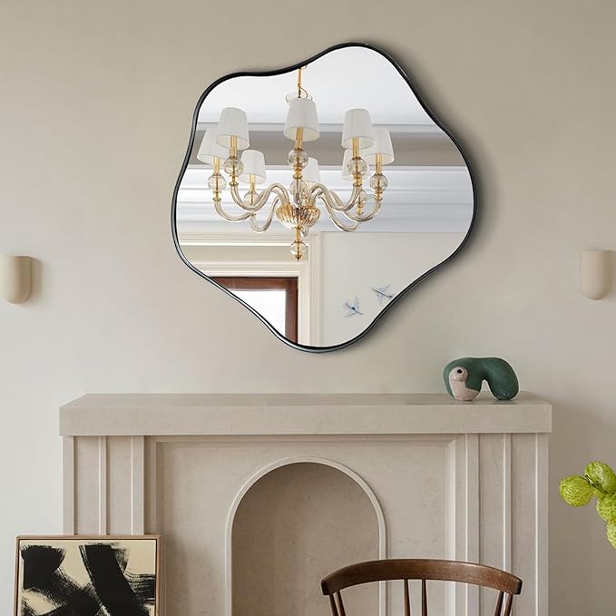 Asymmetrical Mirror, 24″ Irregular Shaped Mirror for Wall, Wavy Round Mirrors Decorative, Modern Elegant Scalloped Vanity Mirrors for Living Room Bathroom Bedroom Hallway Entryway Fireplace