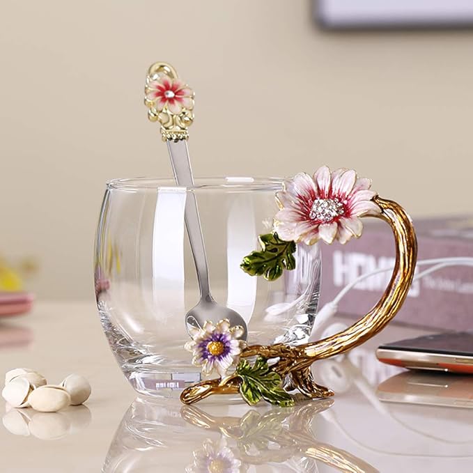 Enamel Sunflower Crystal Lead-Free Glass Tea Cup with Spoon Set, Present for The Christmas, Valentine’s Day.Best Present for Mother, Grandma, Girlfriend, Sister.