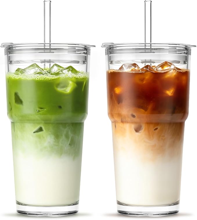 INSETLAN 20oz Clear Glass Cup with Lid and Glass Straw, Set of 2 Thickened Glass Coffee Tumblers, Drinking Glasses with Straw for Smoothie, Tea, Milk, Whiskey, Water and More – Elegant & Durable