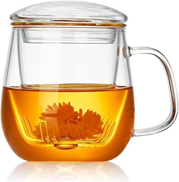 DOPUDO Glass Tea Cup with Infuser and Lid, 17.6oz/520ml Large Borosilicate Teacup,Tea Glass, Clear Mug for Loose Leaf Tea, Blooming Tea, Microwave & Dishwasher Safe – Tea Maker Gift for Birthday.