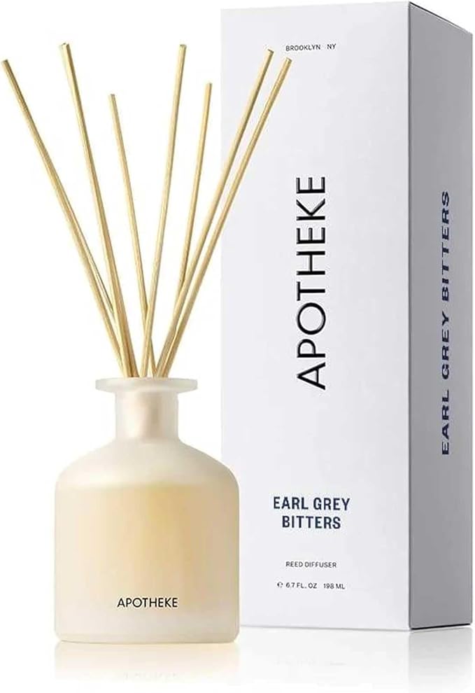Apotheke Luxury Scented Reed Diffuser for Home, Earl Grey Bitters – 6.7 Fl Oz Essential Oil Aromatherapy – 10 Rattan Scent Sticks Room Diffuser – Long-Lasting Fragrance for Bedroom, Home, Bathroom
