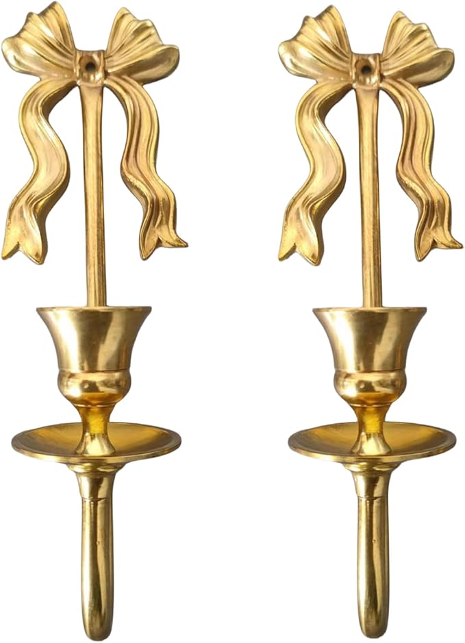 Brass Wall Candle Sconces Wall Decor Set of 2, Antique Gold Bow Candle Stick Holders,Wall Mounted Home Decoration,for Living Room,Dining Room, Bedroom（No Candle (Gold 1)