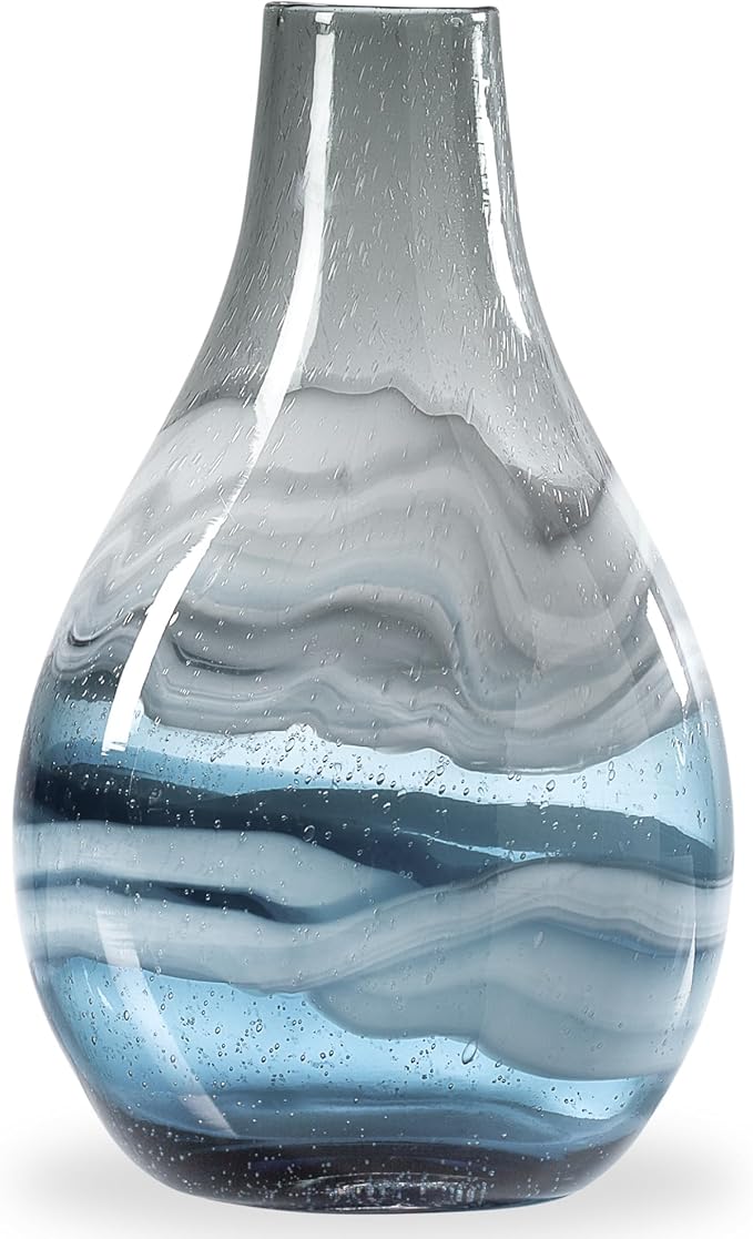 Torre & Tagus Andrea Mouth Blown Glass Vase for Home Decor – 14″ Tall Large Blue Glass Vase Table Centerpiece, Handmade Blue Vases for Decor in Coastal Living Room, Entryway, Bedroom