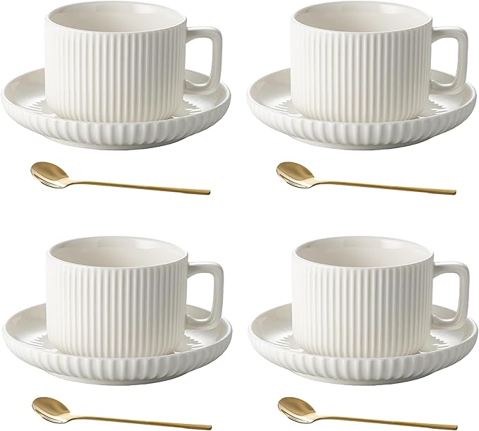 8 Ounce Cappuccino Cups Set of 4, Latte Mugs with Saucers and Spoons, White Cream Ceramic Coffee Mugs Tea Cups for Cappuccino Latte Mocha Au Lait Macchiato Cafe