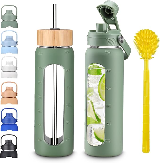 24 oz Glass Water Bottles with Straw and Lid 1 Liter Borosilicate Glass Tumbler With Silicone Sleeve and 2 Lids, Handle Spout & Bamboo Straw Lid, Leakproof BPA Free for Gym, Office, Home & Travel