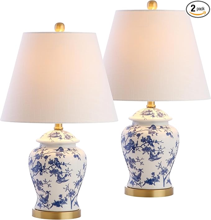JONATHAN Y 22″ Blue/White Ceramic Table Lamp, French Country Chinoiserie Ginger Jar LED Bedside Lamp for Living Room Bedroom, White Linen Shade (JYL3005A-SET2)