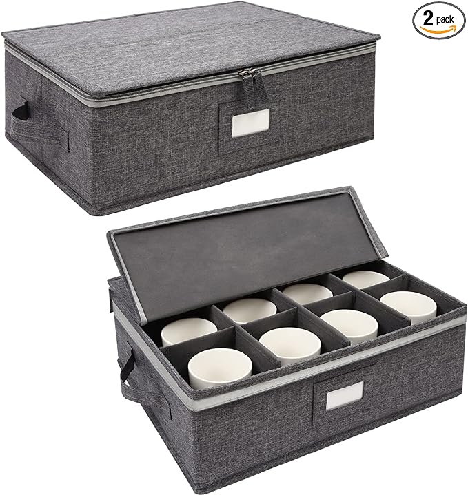 popoly Cup and Mug Storage 2 Pack, Coffee Mug Storage Holds 24 Mugs, Tea Cups and Glasses with with Hard Shell and Dividers, Hard Top, Sides and Stackable (Grey)