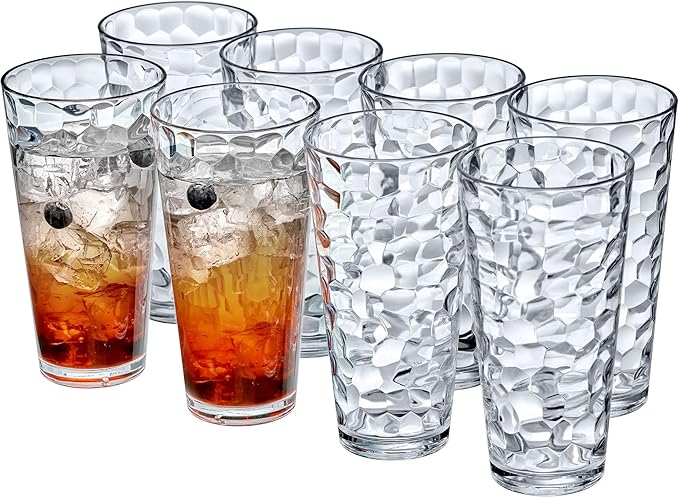 Amazing Abby – Iceberg – 24-Ounce Plastic Tumblers (Set of 8), Plastic Drinking Glasses, All-Clear High-Balls, Reusable Cups, Stackable, BPA-Free, Shatter-Proof, Dishwasher-Safe