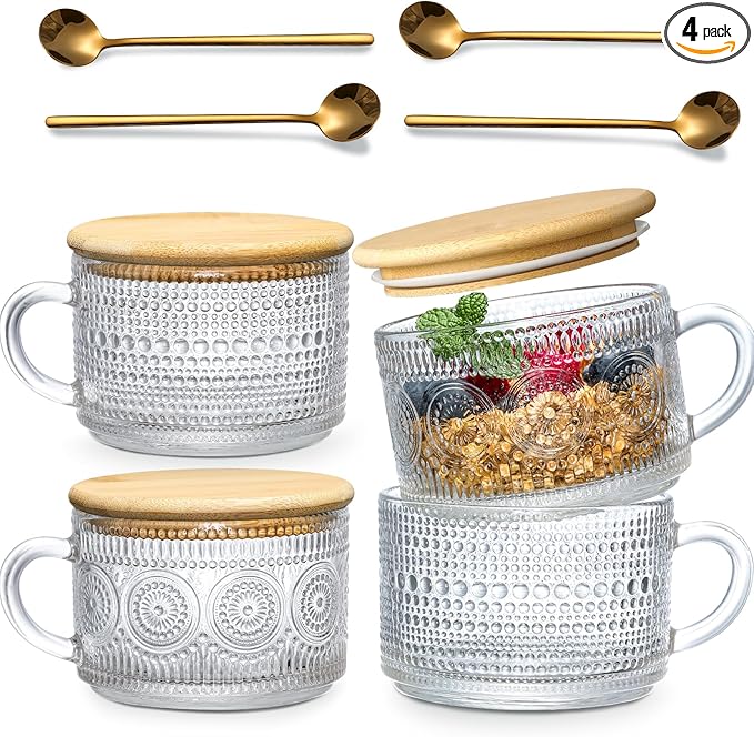 LANDNEOO 4pcs Set Vintage Coffee Mugs gifts for women, Overnight Oats Containers with Bamboo Lids and Spoons – 14oz Clear Embossed Glass Cups, Cute Coffee Bar Accessories, Iced Coffee Glasses