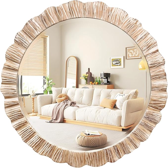 35″ Wood Round Mirror, Rustic Wall Mirror with Thick Frame, Large Round Mirrors for Wall Decor, Wooden Circle Beveled Mirrors for Entryway, Farmhouse, Washed White