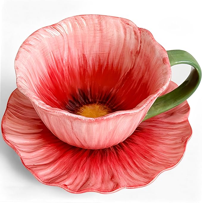10 oz Tea Cups and Saucers, Ceramic Flower-shaped Cappuccino Cup, Latte Cup and Saucer set, elegant floral Espresso Cup set, cups are microwave and dishwasher safe-Red