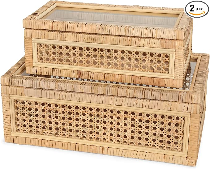 Large Handwoven Boho Rattan Display Boxes with Glass Lids – Set of 2 Rectangular Decorative Storage Bins – Natural Woven Cane Home Decor Organizers (15.55″ x 9.64″ x 5.9″ & 12.48″ x 6.88″ x 4.52″)