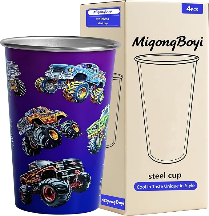 4PCS 16 OZ Stainless Steel Pint Cups,Metal cups,Stainless Steel Cups,Water Tumblers Unbreakable,BPA Free,Stackable 8/18 Metal Drinking glasses for Home Outdoor Activities,Camping (Gradient blue truck)