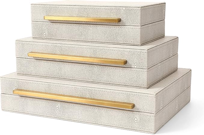 BAALTTO RUNYAO Kingflux Faux Ivory Shagreen Leather Set of 3 Pcs Decorative Boxes, Storage Boxes Jewelry Organizer, Men’s Accessory Organizer (Ivory)